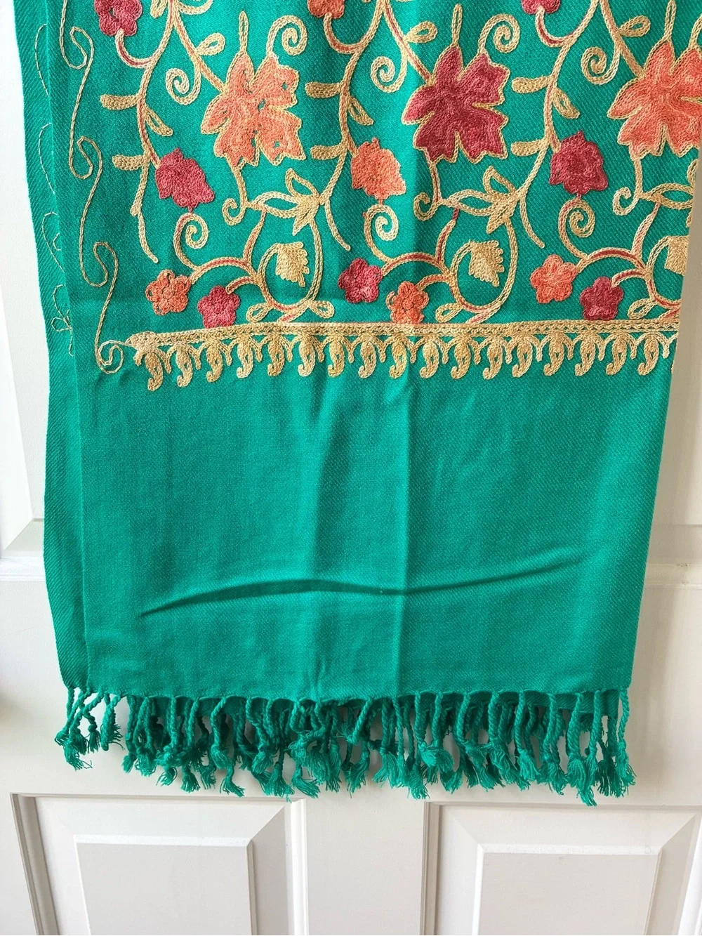 Green  Embroidered Large Scarf Shawl Wrap with Fringe Fall Leaf Motif Green